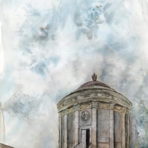 Soft botanical watercolour reflecting a background in textile design temple