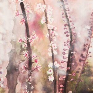Soft botanical watercolour reflecting a background in textile design